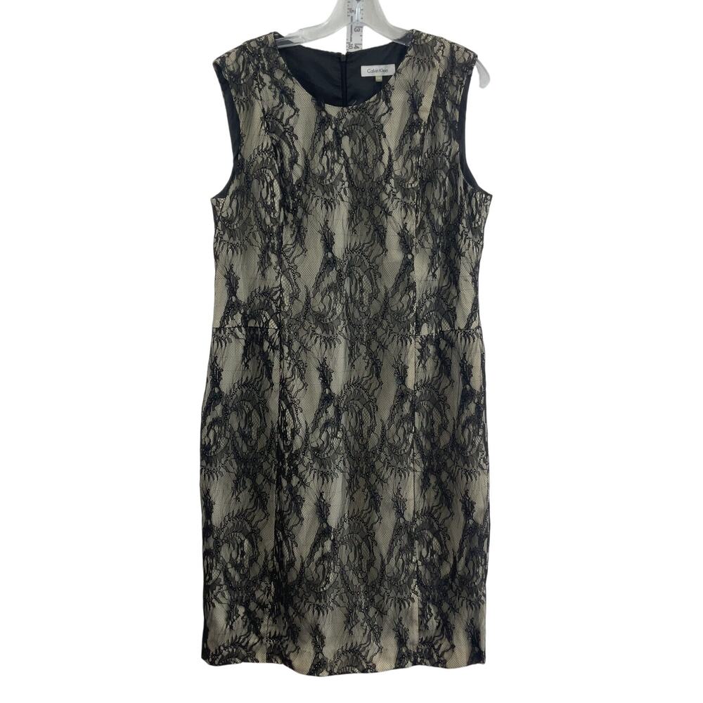 Calvin Klein Size 14 Floral Lace Women's Black/Cream Midi Sheath Dress NWT